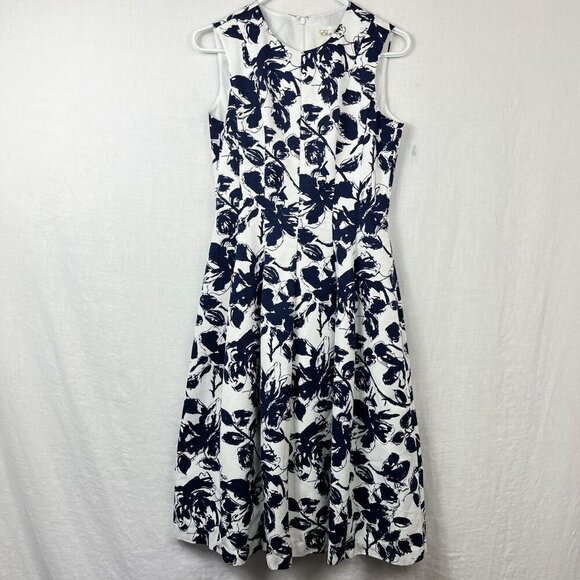 Eliza J Fit Flare Sleeveless Floral Midi Dress Womens 4 Pockets Preppy Navy Twee - Picture 1 of 14